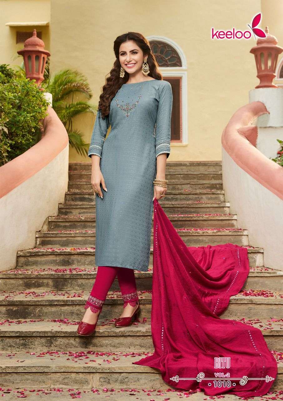 Keeloo-Bitu-2-Rayon-Chex -Dobby-Embroidery Work Kurti-With-Pant-and-Chanderi -Mirror-work-Dupatta-1010